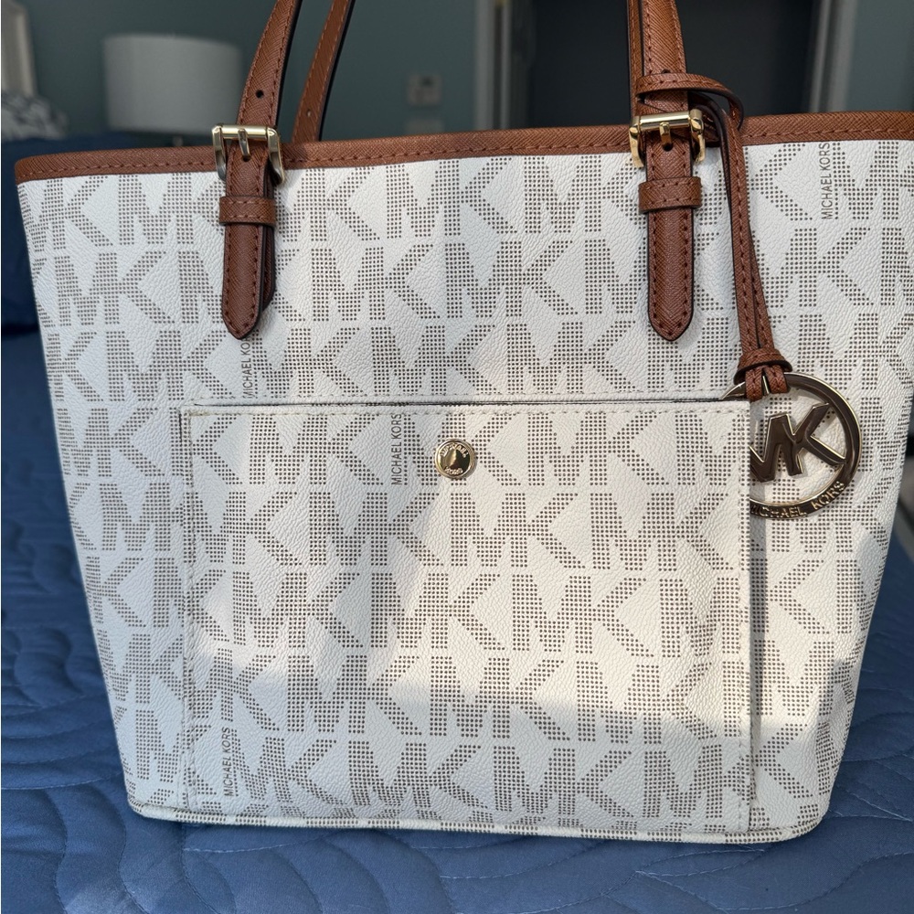 Michael Kors White and Tan Monogram Tote